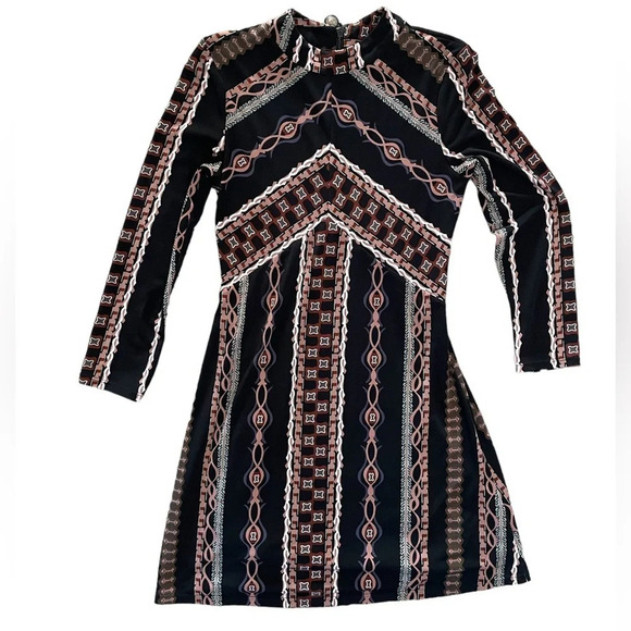 Free People Dresses & Skirts - Free People Stella Mini Dress Size XS Long Sleeves Stripes Boho Zip Back Retro